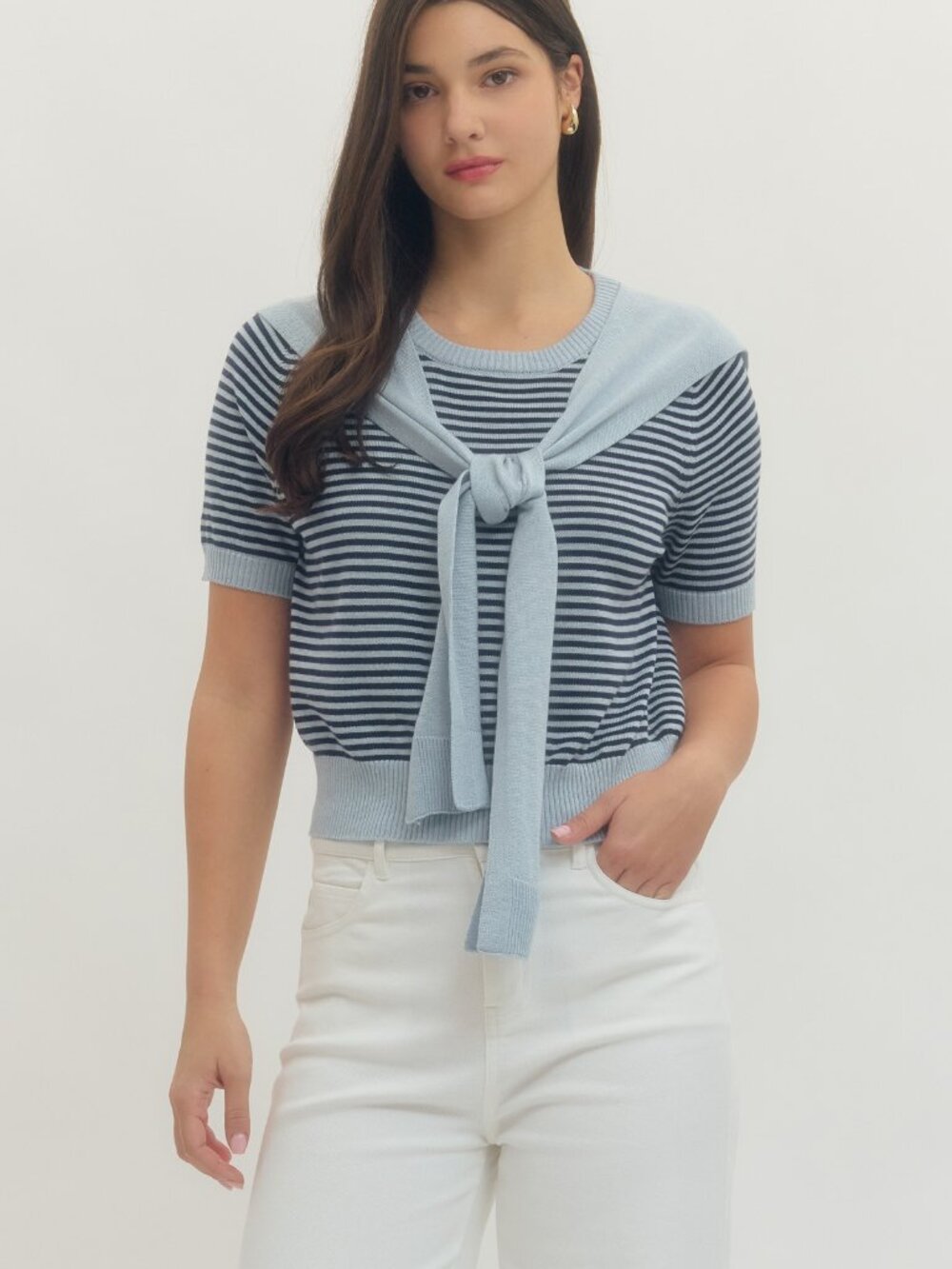 Striped short sleeve knit top featuring attached knit scarf detail at neckline